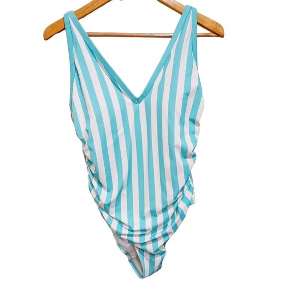 KONA SOL Plus-size turquoise and white striped V-neck Women's Size 18W - Picture 2 of 9